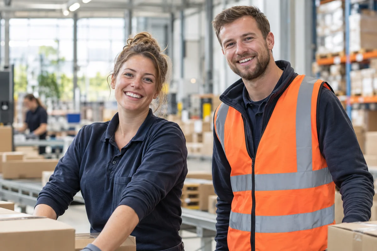 Twee collega’s met plezier aan het werk in een magazijn